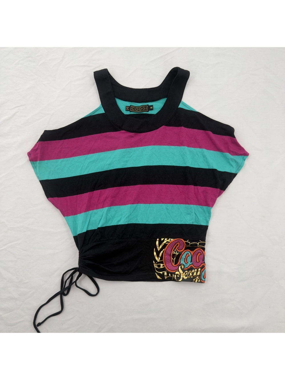 Vintage Y2K COOGI Striped Ruched Side Tie Top Rhinestone Off Shoulder Size M